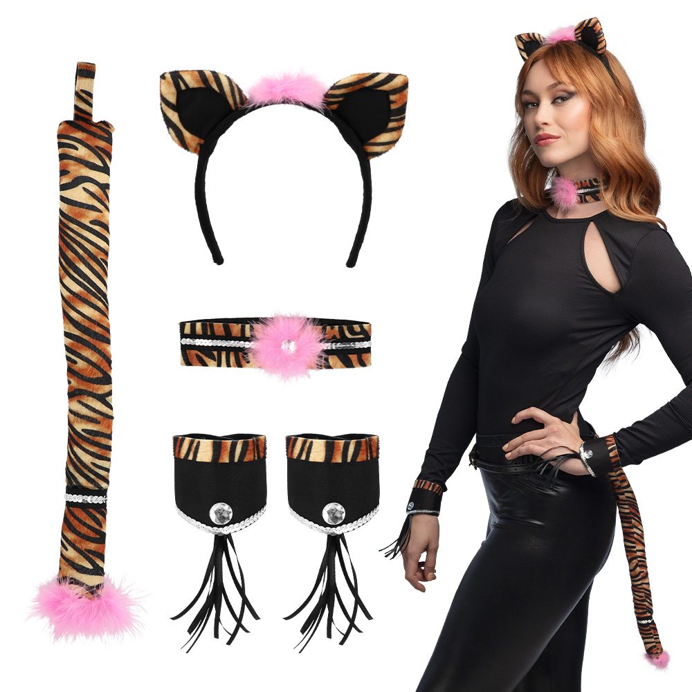Dieren Accessoire Set Dames β Tijger/Luipaard (Diadeem, Staart, Choker & Armbanden) - Afbeelding 10