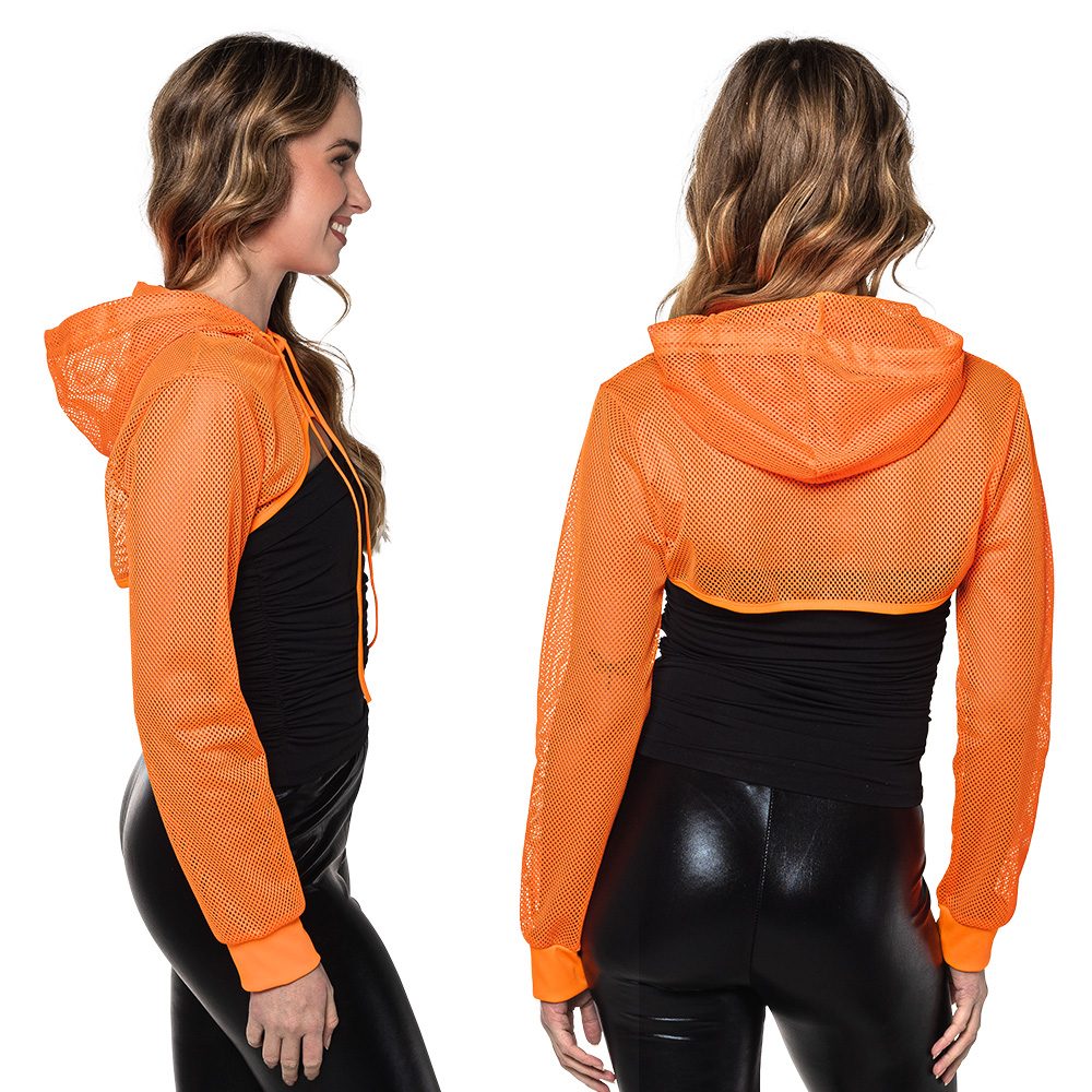 Visnet bolero met capuchon – rave & festival top (zwart, wit, neon) - Afbeelding 2